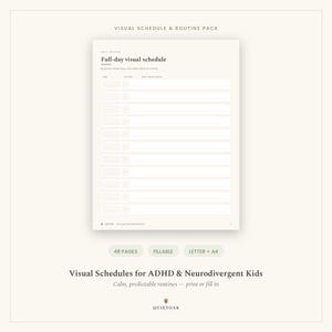 May include: A white printable full-day visual schedule template with a clean layout. The document features headers for time, picture, and what we are doing, with ten blank rows for daily planning. Text includes Visual Schedule & Routine Pack.