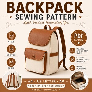 Patrón de costura para mochila en PDF / Patrón de costura para mochila acolchada / Mochila escolar / Patrón de mochila de viaje / Mochila escolar / A4, EE. UU., A0