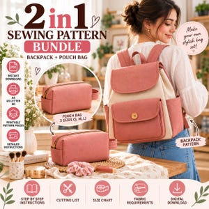 Peut inclure: Un ensemble de patrons de couture 2 en 1 pour un sac à dos et une pochette. Le sac à dos est vieux rose et crème avec une poche avant et un bouton. La pochette rectangulaire est vieux rose avec une fermeture éclair dorée. Instructions incluses.