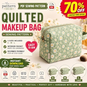 Patrón de costura en PDF para neceser de maquillaje / Patrón de neceser acolchado / Neceser cuadrado con cremallera / Tutorial de costura DIY / Ideal para principiantes / Descarga instantánea