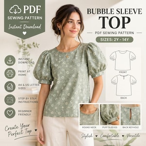 Peut inclure: Un patron de couture PDF pour un haut à manches bouffantes en tailles 2Y-14Y. Le haut présente un tissu vert sauge avec un imprimé floral blanc, une encolure ronde, des manches bouffantes et une fermeture à goutte au dos.
