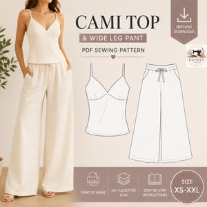 May include: A PDF sewing pattern for a cami top and wide leg pant set. The image displays a cream-colored cami top with thin straps and matching wide-leg trousers with a drawstring waist, alongside a technical line drawing of the garment pieces.