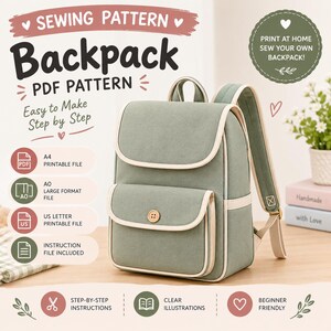 Backpack Sewing Pattern PDF| Quilted Backpack sewing pattern| school backpack| travel backpack pattern| school backpack| A4,US,A0