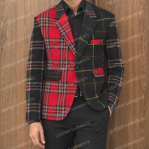 May include: A blazer featuring a split design with one side in a vibrant red tartan pattern and the other side in a dark green tartan pattern. The garment includes a notched lapel, a single button closure, and two flap pockets on the front.