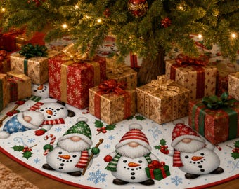 May include: A round white Christmas tree skirt featuring a repeating pattern of three illustrated snowmen wearing colorful hats and scarves, accented with holly leaves, berries, and snowflakes, placed under a decorated pine tree.