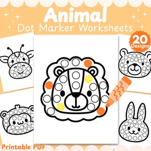 Animal Dot Marker Worksheets, 20 Preschool Activity Pages, Kindergarten Fine Motor Skills, Toddler Coloring, Printable PDF