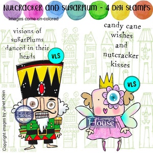 Może przedstawiać: Cyfrowe stemple przedstawiające Dziadka do Orzechów i wróżkę Cukrową. Dziadek do Orzechów ma na sobie zielono-czerwony mundur z czarno-żółtym kapeluszem. Wróżka Cukrowa ma na sobie różową sukienkę i kwiatowe oko. Tekst: "Nutcracker and Sugarplum - 4 Digi Stamps."