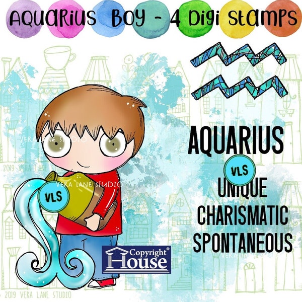 Aquarius Boy - 4 Digi stamp set in jpg and png files