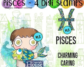 Pisces  boy  - 4 Digi stamp bundle in PNG and JPG files