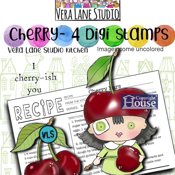 Cherry ; Vera Lane Studio kitchen  - 4 Digi stamp bundle in jpg and png files