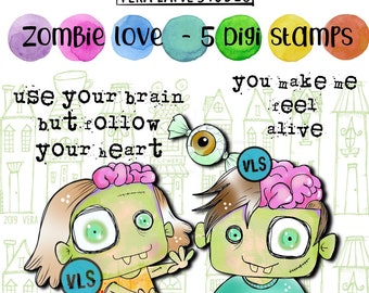 Zombie Love  -5  Digi stamp bundle in jpg and png files be