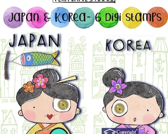 Japan and Korea - 6 Digi stamp bundle in jpg and png files