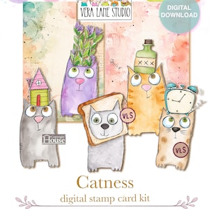 May include: A digital stamp card kit titled Catness featuring five illustrated cats with various items on their heads including a house, flowers, a bottle, a slice of bread, and an alarm clock. The kit includes seven stamps and two backgrounds.