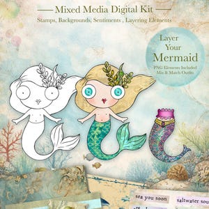 May include: Digital art kit titled "Pearls & Tides" featuring mermaid illustrations and layering elements. Includes stamps, backgrounds, and sentiments. The image showcases three mermaid designs, with text that reads "Layer Your Mermaid" and "PNG Elements Included".