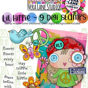 Kit de cartes Lil Hippie - Lot de 9 tampons Digi au format jpg et png et une couleur, arrière-plan numérique