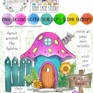 Puede incluir: Una ilustración digital caprichosa de una casa de hadas con un techo en forma de hongo, una puerta de madera y un letrero que dice "Pixies ONLY". La imagen incluye el texto "Pixie House Scene Builders-8 Digi Stamps".