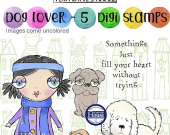Dog Lover - Whimsical girl with three dogs and a sentiment digi stamp set available for instant download