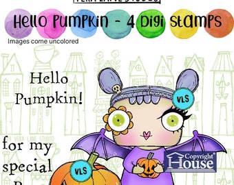 Hello Pumpkin- cute bat girl in 4 digi stamp bundle with jpg and png files