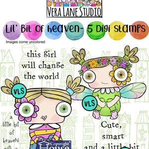 Puede incluir: Sellos digitales con dos chicas de dibujos animados con ojos grandes, detalles florales y el texto "Lil' Bit of heaven - 5 Digi Stamps". La imagen incluye el texto "this girl will change the world" y "Cute, smart and a little bit drama."