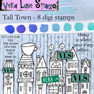 Tall Town - whimsical tall houses and shops - 8 digi stamp bundle in png and jpg files