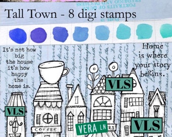 Tall Town - whimsical tall houses and shops - 8 digi stamp bundle in png and jpg files