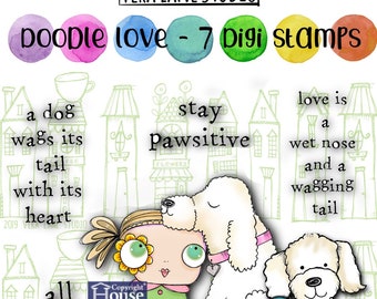 Doodle Love - 7 digi stamps in png and jpg for instant download