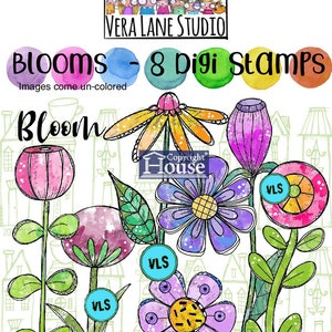 Blooms - 8 digi stamps/ whimsical flowers and buds