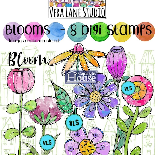 Blooms - 8 digi stamps/ whimsical flowers and buds