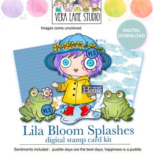 Puede incluir: Un kit de tarjetas de sellos digitales titulado Lila Bloom Splashes con un personaje en impermeable amarillo, sombrero azul con flores y botas rojas de pie en un charco con dos ranas verdes. Incluye texto: Vera Lane Studio, Digital Download y frases.