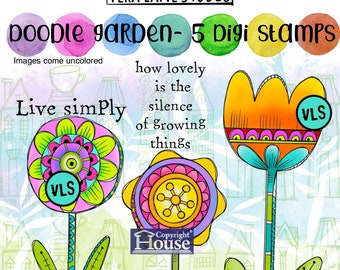 Doodle Garden - Lot de 5 tampons digi au format jpg et png