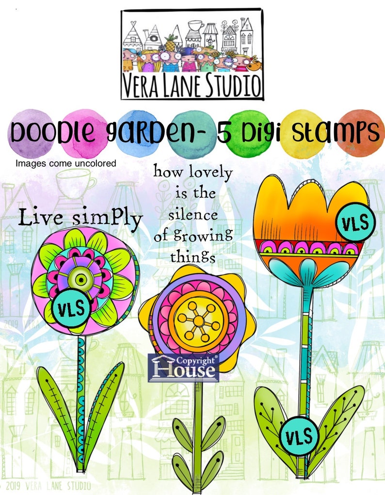 Doodle Garden 5 digi stamp bundle in jpg and png files image 1