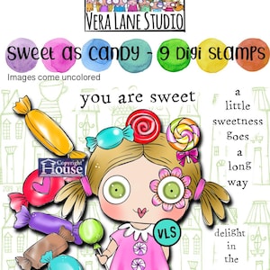 Puede incluir: Sellos digitales que representan a una niña de dibujos animados rodeada de caramelos y piruletas de colores. El texto dice "Sweet as candy - 9 Digi Stamps" y "you are sweet". La imagen incluye el texto "Images come uncolored" y "delight in the sweetness of life".
