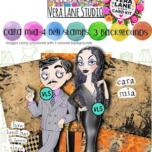 May include: Digital stamp card kit featuring cartoon illustrations of a man in a pinstripe suit and a woman in a black dress. The kit includes stamps, backgrounds, and the text "Cara mia-4 Digi Stamps, 3 BACKGROUNDS".