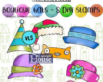 Boutique Hats - quirky and whimsical digi stamp set of eight resizable hat images for instant download