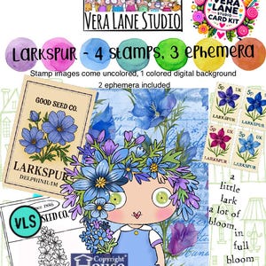 May include: Digital art kit featuring a whimsical illustration of a girl with a flower crown, surrounded by larkspur stamps and ephemera. Includes the text "Larkspur - 4 stamps, 3 ephemera" and "Vera Lane Studio Card Kit".