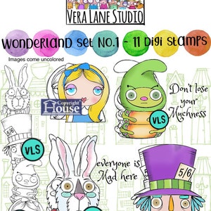 Wonderland Set 1 Lot de 11 tampons digitaux Alice, Mad Hatter, White Rabbit et Caterpillar image 1