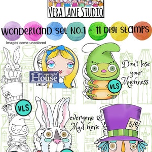 Wonderland Set 1 - Alice, Mad Hatter, White Rabbit, and Caterpillar 11 digi stamp bundle
