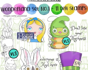 Wonderland Set 1 - Alice, Cappellaio Matto, Bianconiglio e Bruco - Pacchetto di 11 timbri digitali