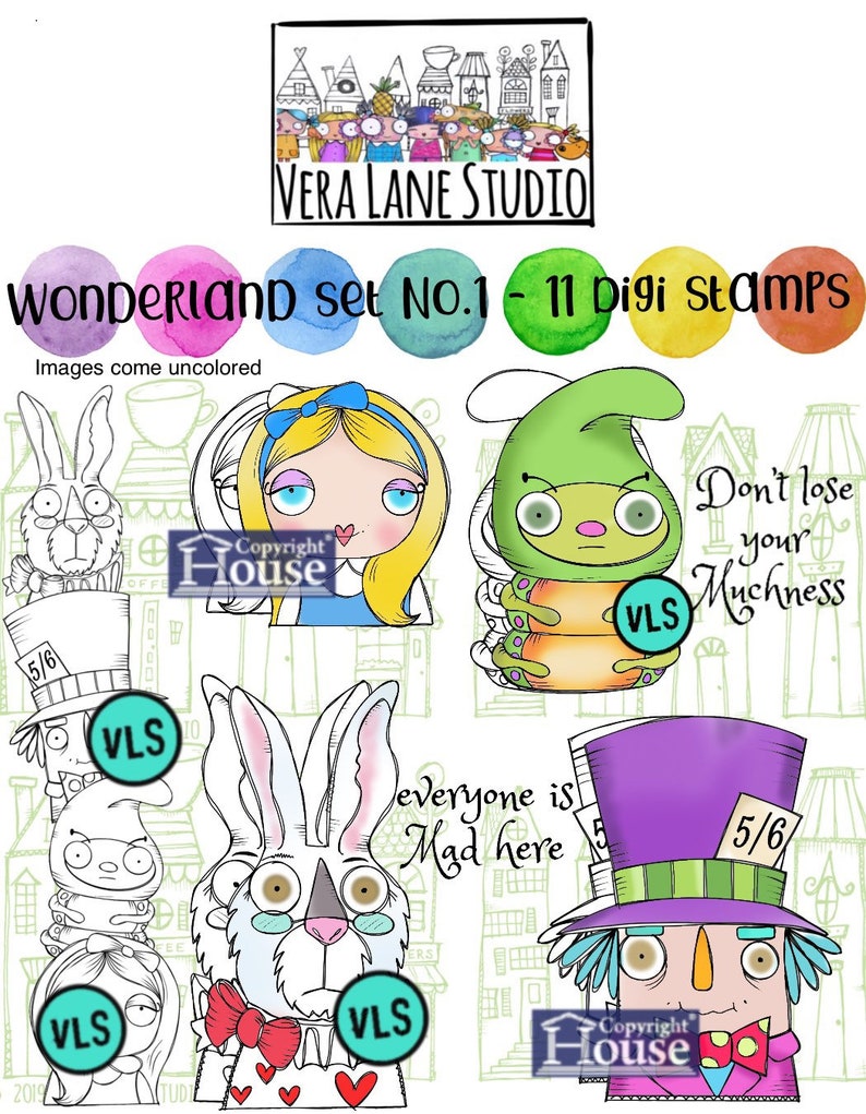 Wonderland Set 1 Lot de 11 tampons digitaux Alice, Mad Hatter, White Rabbit et Caterpillar image 1