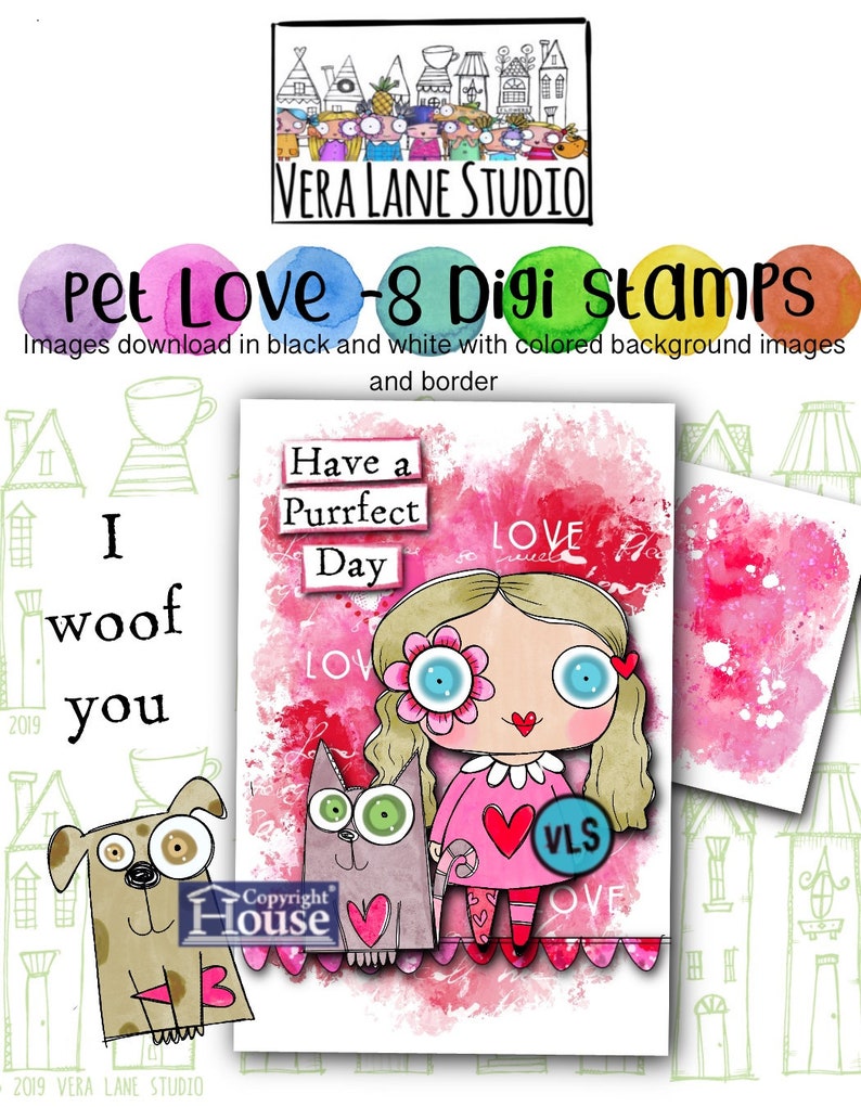 Pet Love 8 Digi stamp bundle in jpg and png files image 1