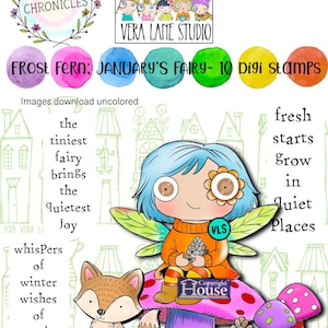Può includere: Set di timbri digitali con una fata dai capelli blu e una volpe. L'immagine include una fata con un maglione arancione, un fungo e il testo "FROST FERN; JANUARY'S FAIRY - 10 Digi Stamps". Stile fiabesco.