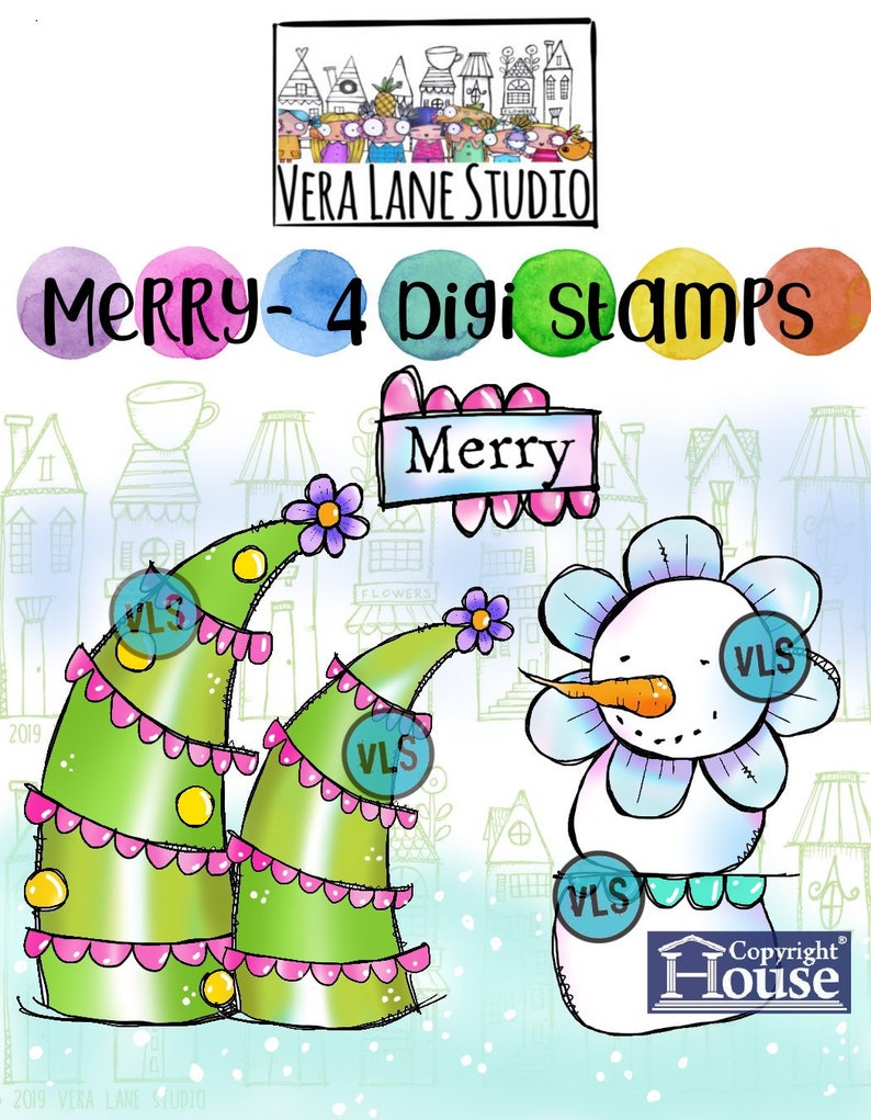 Merry quirky snow person and tree 5 digi stamp bundle image 1