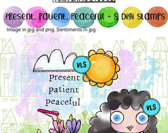 Present, patient, peaceful - 8 Digi stamps in jpg and png files