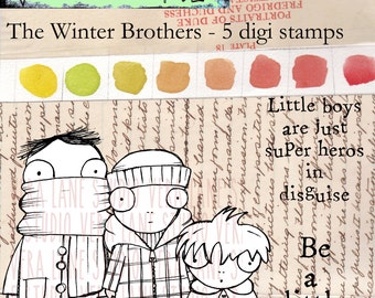 The Winter Brothers - trio of three whimsical and quirky boy digi stamps with sentiments