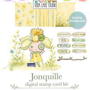 Puede incluir: Kit de tarjetas digitales con temática de narcisos. La imagen muestra un personaje de dibujos animados con un vestido amarillo, elementos florales y el texto "Jonquille" y "kit de tarjetas digitales". Incluye fondos de acuarela y etiquetas de texto.