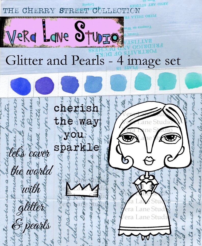 Glitter and Pearls a whimsical digi stamp set with Etsy
