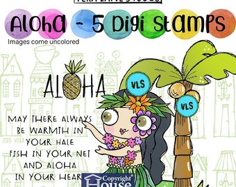 Aloha - whimsical hula gal five digi stamp set bundle available for instant download