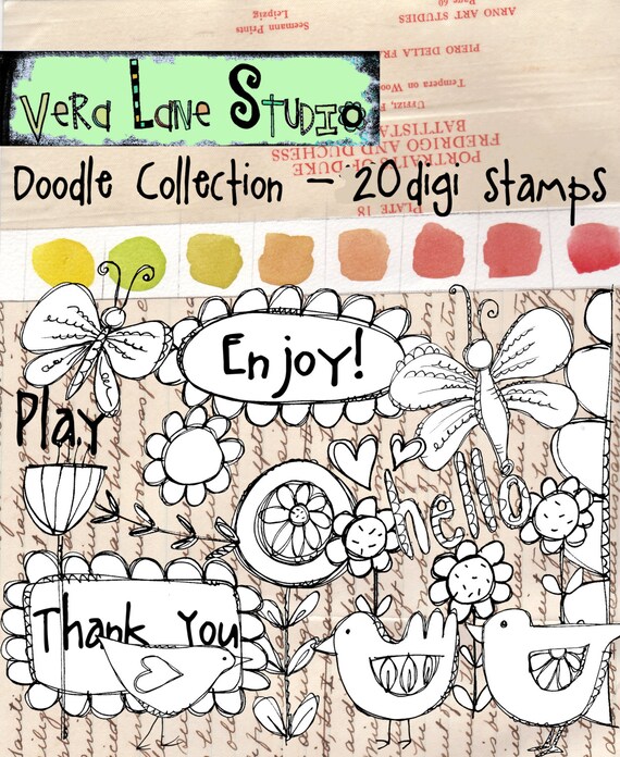 Doodle Collection 20 digi stamps to create coloring cards Etsy