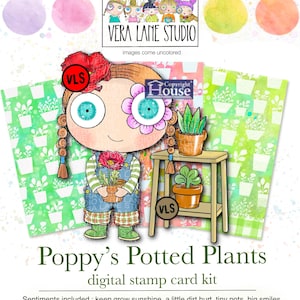 Pode incluir: Um kit de cartões com carimbos digitais intitulado Poppy's Potted Plants da Vera Lane Studio. O kit inclui 8 carimbos e 3 fundos com uma personagem de desenho animado com cabelo trançado segurando uma flor em vaso, um suporte de madeira para plantas e plantas em vasos.