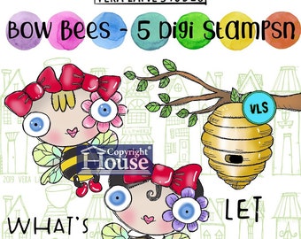 Bow Bees - quirky honey bees digi stamp bundle - 5 images